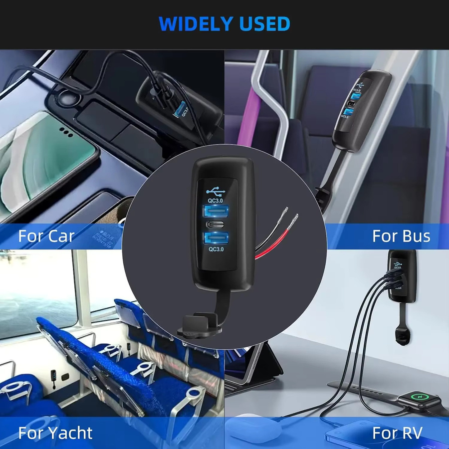 Kebidumei Autoladegerät mit 3 Ports: Dual USB A und PD USB C Steckdose, Wasserdicht, Schwarz, 12V-24V für Auto, LKW und Marine - Bild 5
