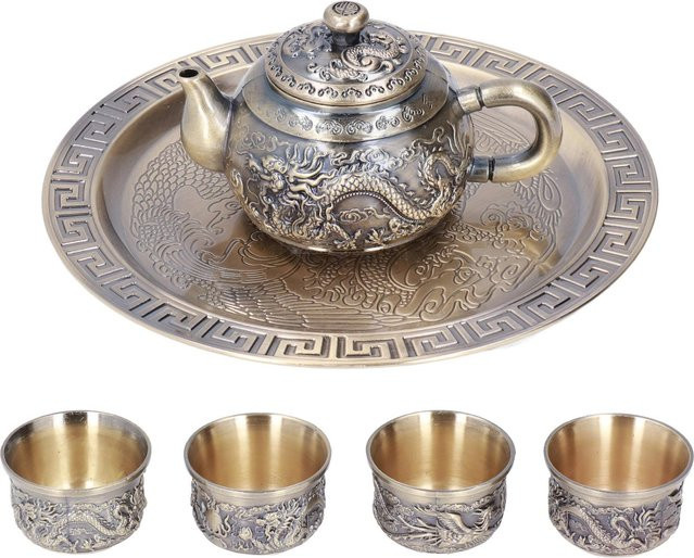 Exquisites Marokkanisches Teeservice aus Metall mit Reliefmuster und passenden Tassen sowie Tellern in Grau/Silber - Bild 1