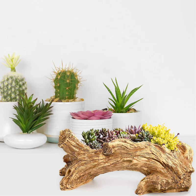 Qiilu Pflanztopf in rustikaler Treibholz-Optik aus Kunstharz und Holz, braun, unregelmäßige Form mit Drainageloch - Bild 6