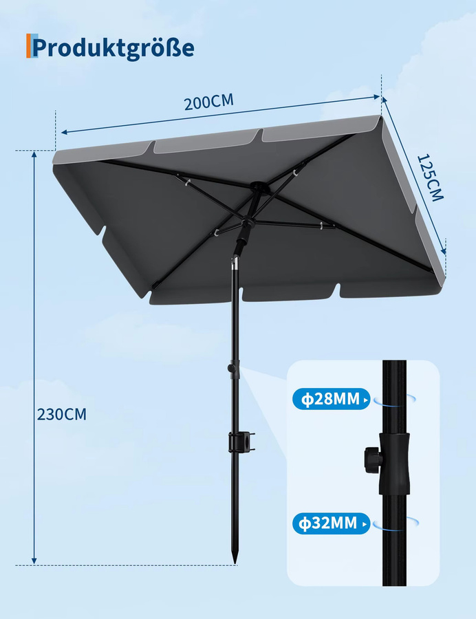 HiMISS Rechteckiger Terrassenschirm mit Ständer in Grau, UPF 50+ Sonnenschutz, windfest und höhenverstellbar, B: 200 cm, T: 125 cm, H: 230 cm - Bild 5