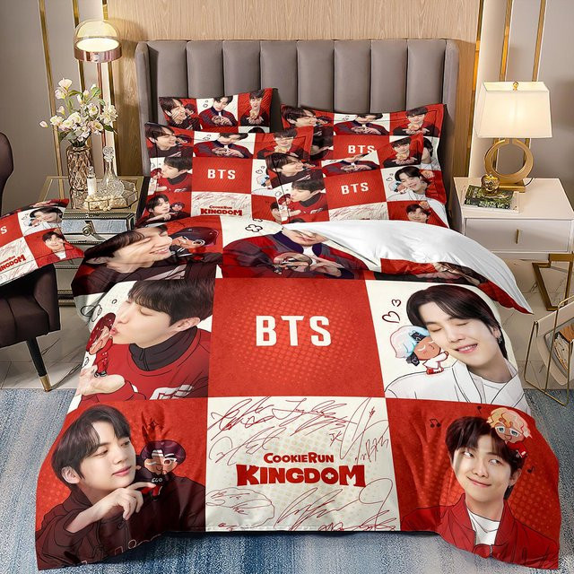 LjqFifteen BTS Kpop Bettwäscheset 3-teilig mit Bettbezug und Kissenbezug, Farbe Rot, B/H: 140 x 200 cm - Bild 1