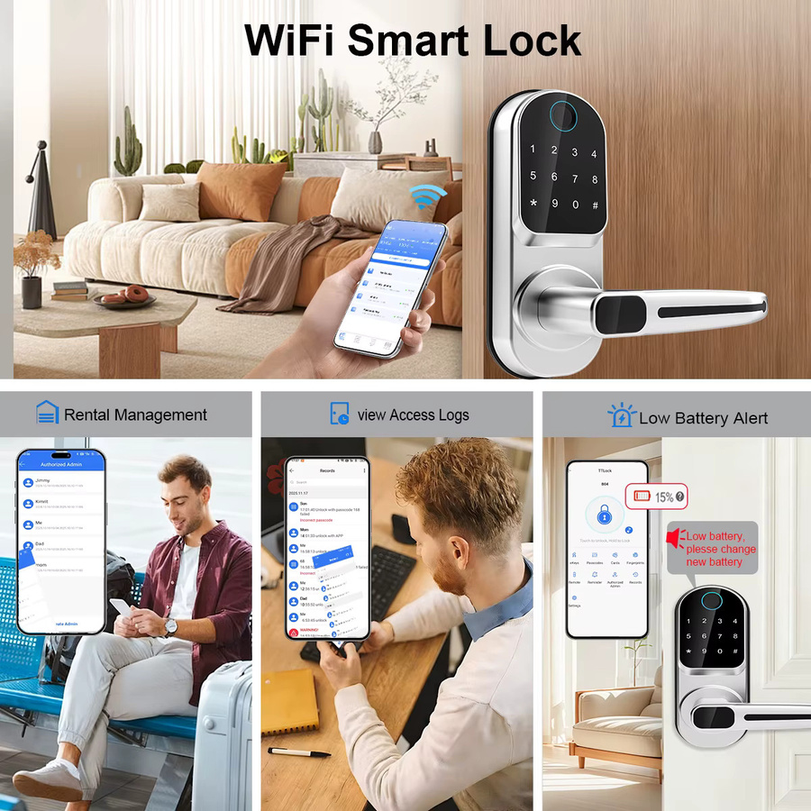L.AOL.AU Wifi Smart Türschloss in Silber mit biometrischem Fingerabdruck, NFC, Passwort, Tastatur und USB-Notfallladegerät - Bild 3