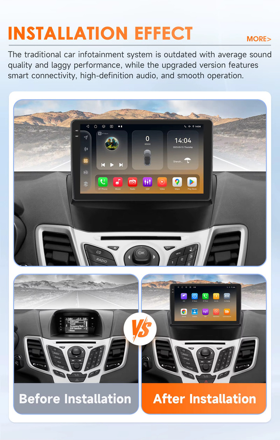 OSSURET 9 Zoll 2 Din Android 14 Autoradio für Ford Fiesta 2009 - 2017 mit Qualcomm Snapdragon 6115 Octa-Core, GPS-Navigation, Bluetooth und Wireless Carplay in Schwarz - Bild 4