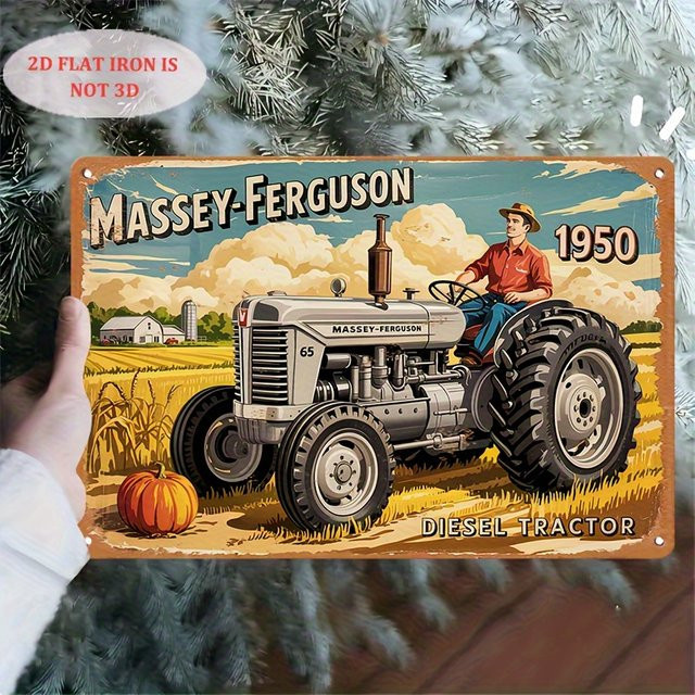 Massey-Ferguson Vintage Traktor Wandschild aus Eisen mit Herbsterntszene als rustikale Bauernhausdekoration B: 20 cm, H: 14 cm - Bild 1