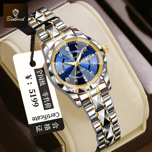 BINBOND Armbanduhr Quarz, Edelstahl, Schwarz, Wochentag, Datum, Damen - Bild 1