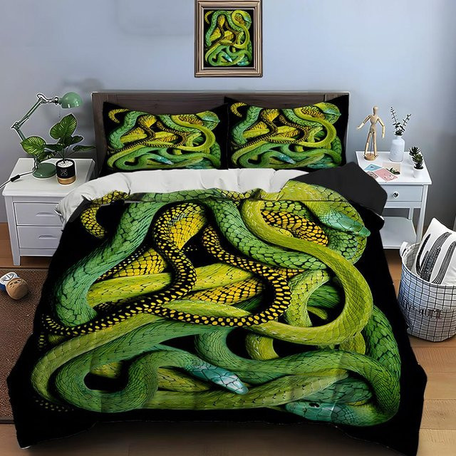 Flylo Bettwäsche-Set mit Schlangenmuster in Grün, bestehend aus 1 Bettbezug und 2 Kissenbezügen, B/H: 140 x 210 cm - Bild 1