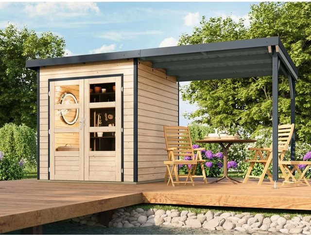 Karibu Gartenhaus Plutus als Lean-to Modell mit Anbaudach in Natur mit 28 mm Wandstärke - Bild 1