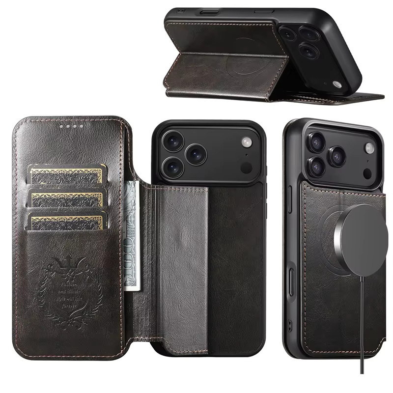 Newteneight Luxus Leder Brieftasche und Kartenhalter als magnetische MagSafe Hülle für iPhone 17 Air, 16, 15, 14, 13, 12 Pro Max in Schwarz - Bild 2