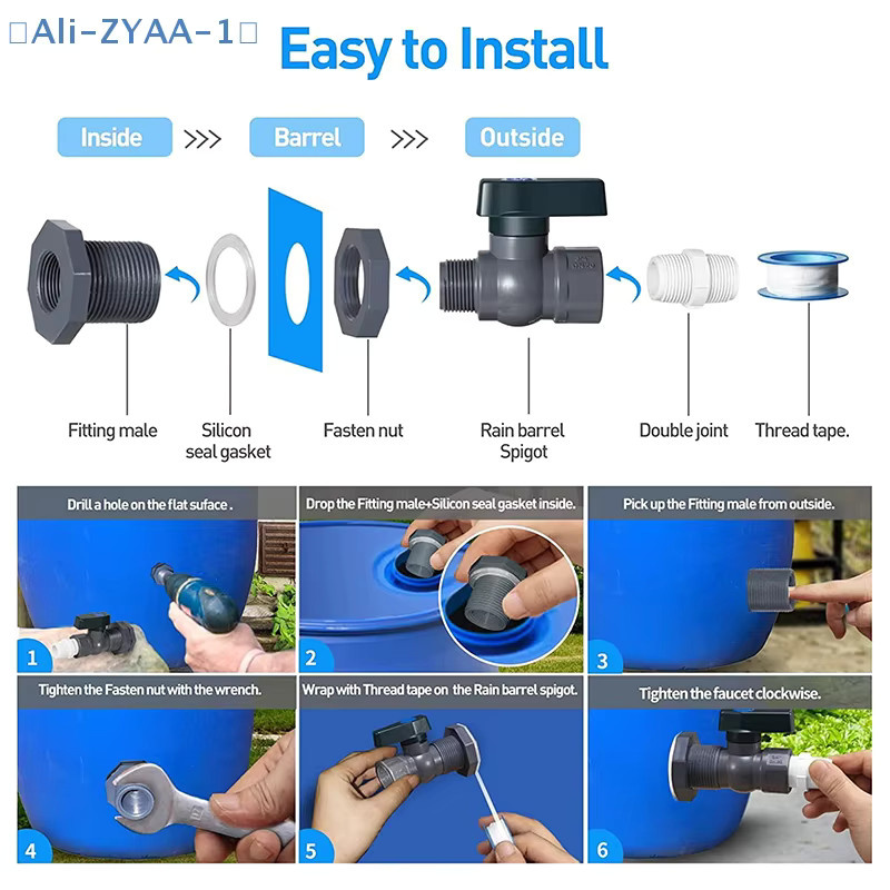 JETTING PVC Wasserfass-Absperrhahn-Set mit Anschluss-Abflussadapter und Innenanschluss für dein Regenfass - Bild 3