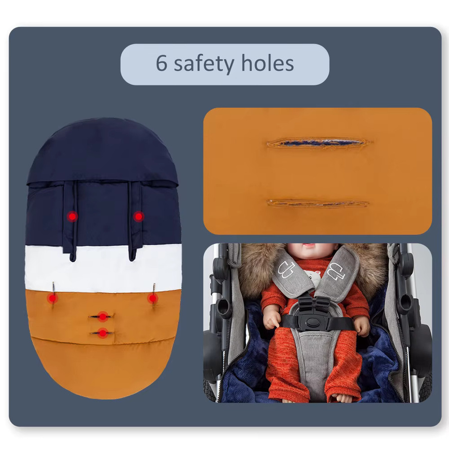 HOUSBAY Kinderwagen Fußsack für 0–24 Monate in Marineblau, Weiß und Braun mit abnehmbarem Pelzkragen und Patchwork-Design - Bild 4