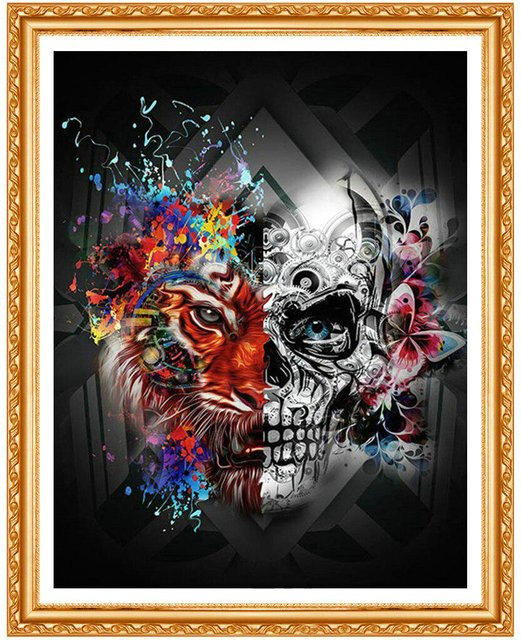 FIYO Diamantmalerei Totenkopf Skelett Stickerei Set mit runden Diamanten in Weiß und Multicolour, Breite: 30 cm, Höhe: 20 cm - Bild 1