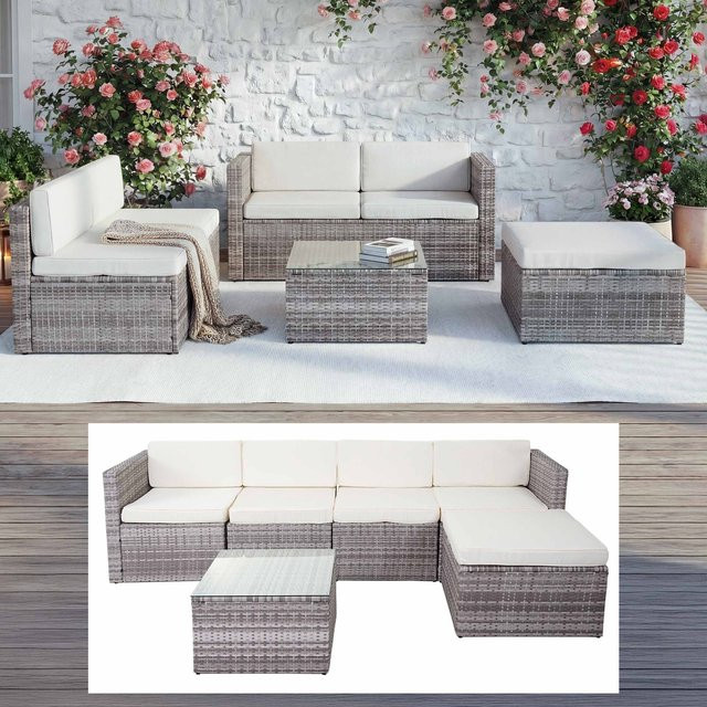 MCW Poly-Rattan Lounge-Garnitur D24 mit Sofa, Tisch mit Glasplatte und Polstern in Grau und Creme - Bild 1