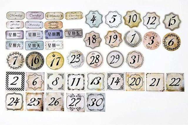 45 Blatt kreative Collage-Aufkleber im Retro-Stil mit Zahlen, Datum und Zeit für dein DIY-Handbuch, Mehrfarbig - Bild 1