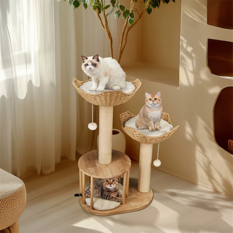 BINGOPAW Moderner 3-stöckiger Katzenbaum in Beige mit Plüschkissen, Körben und Kratzmöglichkeiten aus Holz - Bild 2