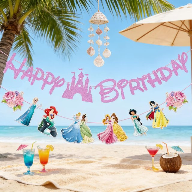 Disney Prinzessinnen Geburtstagsparty Dekoration Wimpelkette und Wandaufkleber in Beige und Pink - Bild 1