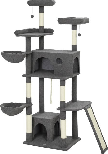PawHut Kratzbaum für Katzen in Grau mit Teddy-Plüsch, Spielturm mit 3 Liegeplätzen, 2 Höhlen, Plattformen und 3 hängenden Spielzeugen, Höhe: 174 cm - Bild 1