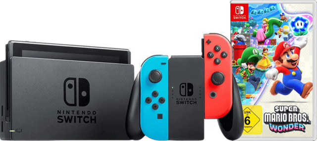 Nintendo Switch Konsole in Rot/Blau inklusive Super Mario Bros. Wonder - Bild 1