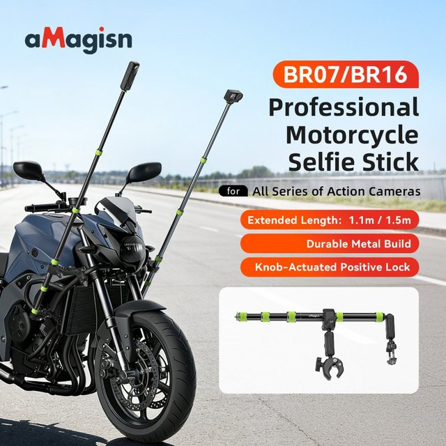 aMagisn Motorrad-Selfie-Stick für GoPro DJI Insta360, unsichtbare Teleskopstange mit 1/4 Zoll Anschluss, Schwarz, Länge: 1,5 m oder 1,1 m - Bild 1