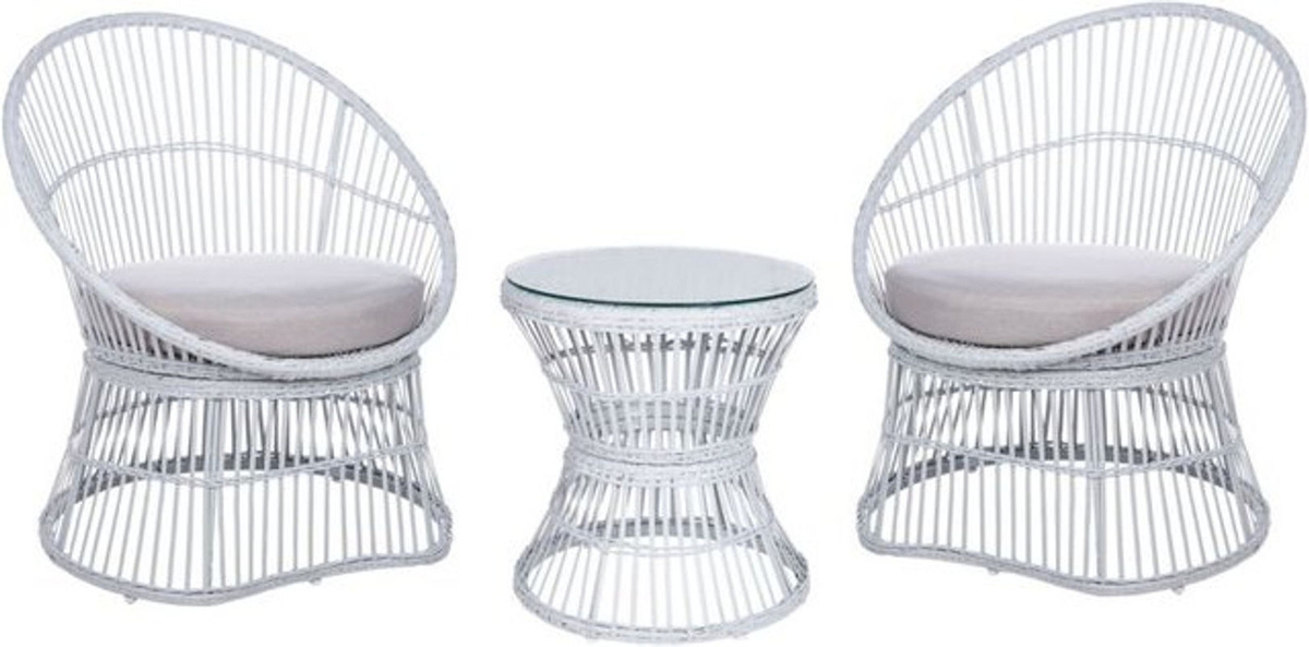 MESYNA Balkonmöbel Set 3-teilig aus Rattan in Weiß mit Couchtisch und beigen Auflagen im Bohemian Landhaus Stil - Bild 1