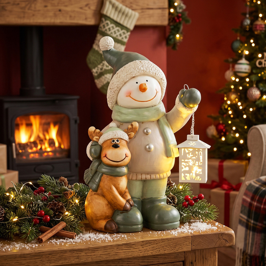 HOMCOM Weihnachtsdeko Schneemann Figur in Weiß und Multicolour mit LED-Laterne und Timer, Höhe: 43 cm - Bild 2