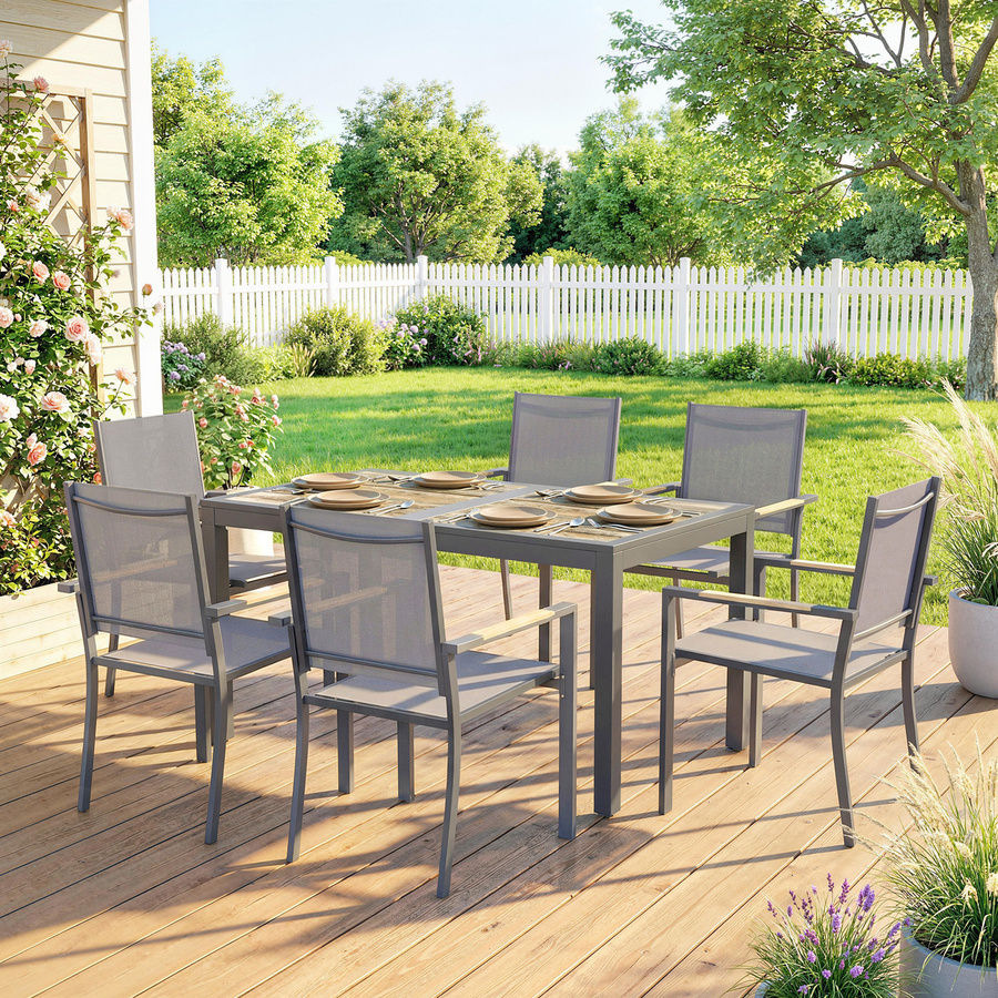 Outsunny 7-teiliges Garten-Essset mit Tisch in Holzoptik und 6 stapelbaren Stühlen, Dunkelgrau - Bild 2