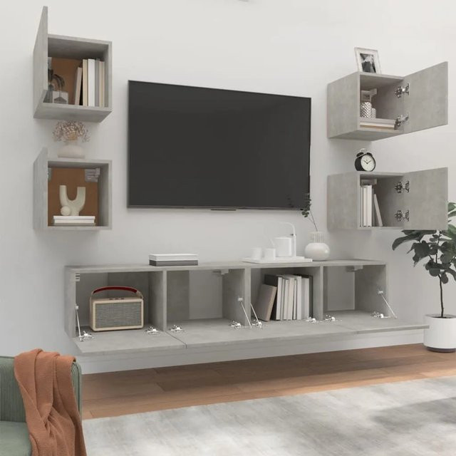 vidaXL 6-tlg. TV-Schrank-Set Modell 25 in Betongrau aus Holzwerkstoff, wandmontiert für dein Wohnzimmer, Set enthält 2 Schränke B: 80 cm, T: 30 cm, H: 30 cm und 4 Schränke B: 30,5 cm, T: 30 cm, H: 30 cm - Bild 1