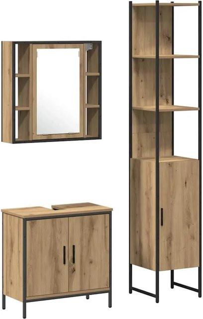 vidaXL Badezimmer Möbelset aus Holzwerkstoff in Braun mit Waschbeckenunterschrank, Spiegelschrank und Hochschrank, 3-teiliges Set, Modernes Design - Bild 1
