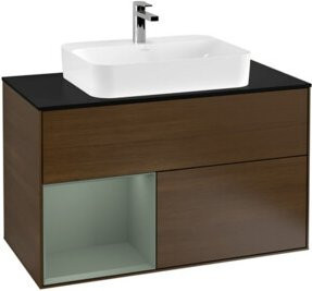 V&B Finion Waschtischunterschrank mit LED-Beleuchtung und Regalelement, Wandmontage, Walnuss lackiert, Breite: 100 cm - Bild 1