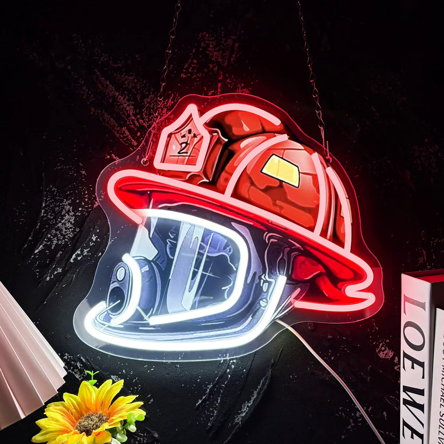 Mutank Feuerwehrhelm-Neonschild mit dimmbarer LED-Pop-Art-Leuchte in Rot, USB-Betrieb, Wanddekoration für Männerhöhle - Bild 2