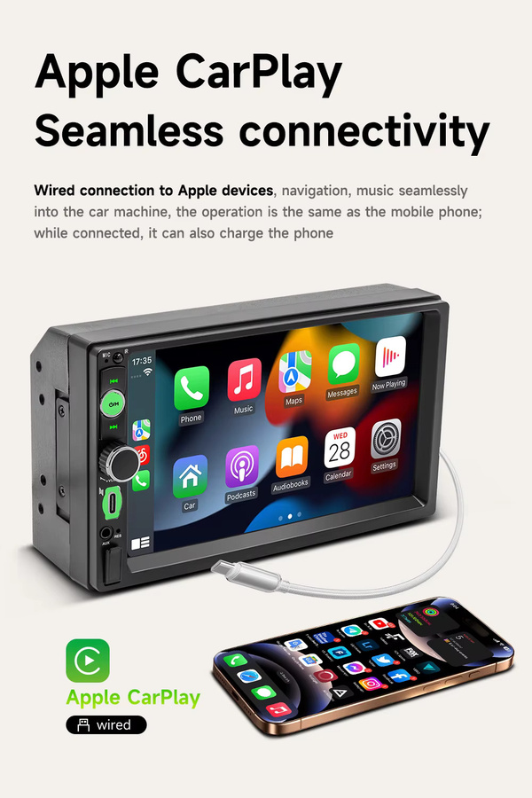 BQCC 2Din Autoradio mit 7 Zoll Display, Bluetooth, kabelloses CarPlay und Android Auto, 7-Farben LED-Beleuchtung, Typ-C-Ladefunktion, Schwarz - Bild 2