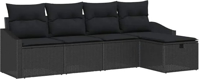 vidaXL Garten-Sofa-Set aus Polyrattan in Schwarz mit Kissen, 5-teilige L-Form Lounge-Garnitur für Garten und Terrasse - Bild 1