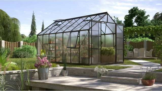Vitavia Gewächshaus Jupiter 11500 mit Fundament und Regenrinnen, Schwarz, 11,5 m², Aluminium und Polycarbonat, Satteldach - Bild 1