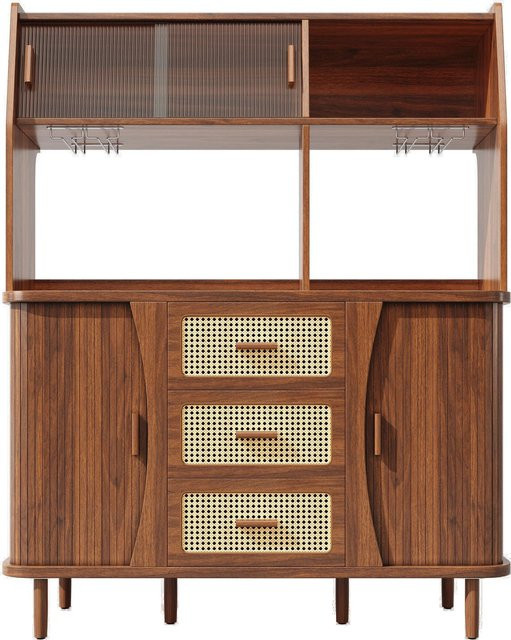 Merax Buffetschrank in Rattanoptik mit Glasschiebetüren, Farbe Braun/Beige, B/T/H: 174,5 x 40,5 x 59,4 cm - Bild 1