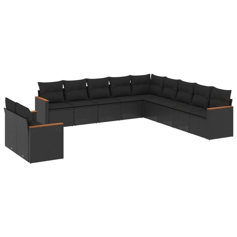 vidaXL 11-tlg Garten-Sofagarnitur in L-Form aus Poly-Rattan und Akazienholz mit Kissen in Schwarz - Bild 2