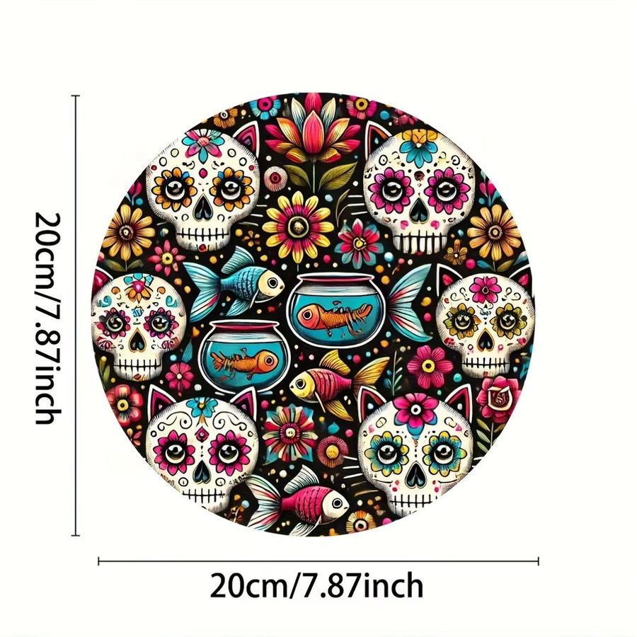 Potdemiel Zuckerschädel-Kranz-Schild, runde Aluminium-Dekoration für Dia de los Muertos und Cinco De Mayo, Mehrfarbig, Durchmesser: 20 cm - Bild 2