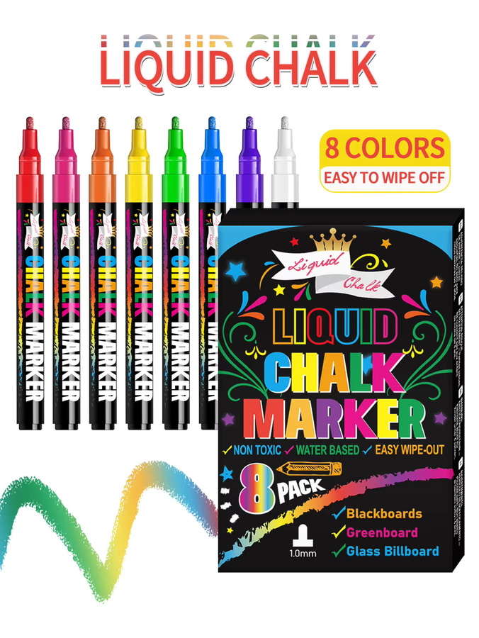 Jumbo Flüssigkreidemarker Set mit 8 Farben und 3-in-1 Spitze für Glas und Kreidetafeln, abwaschbar, 1mm/6mm Strichstärke - Bild 6