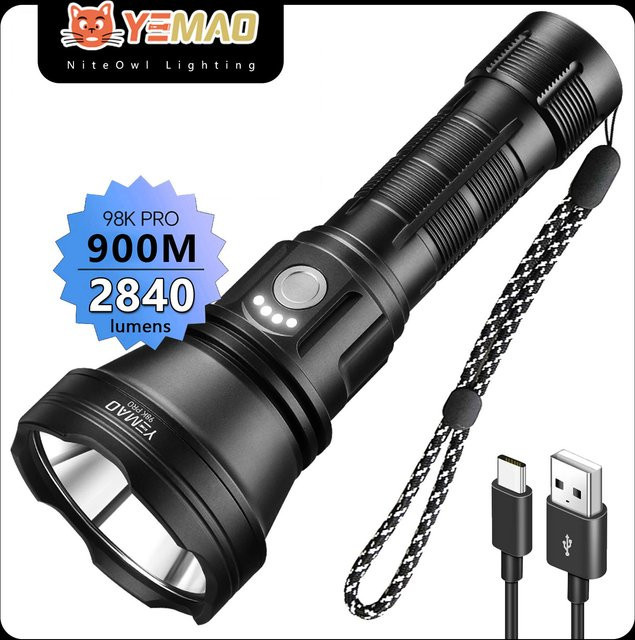 YEMAO Taktische LED Taschenlampe mit 2800 Lumen, USB-C wiederaufladbar, 21700 Akku, IP64 wasserdicht, Schwarz - Bild 1