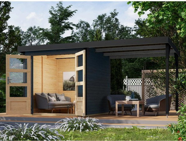 Karibu Gartenhaus Set Ernesto C in Anthrazit mit Anbaudach aus Holz und Metall, 4,45 m²