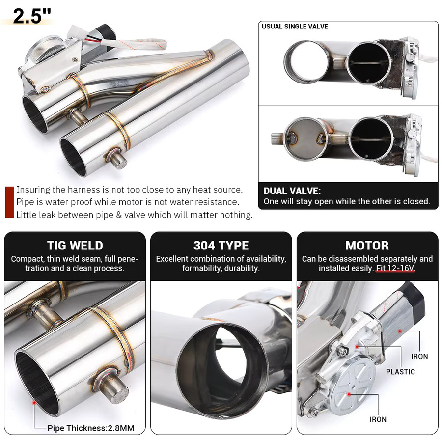 PQY Elektrisches Auspuffrohr E-Cut Out mit Dual-Ventil und Bluetooth-Fernbedienung aus Edelstahl 304, Silber, Universal für 2 Zoll, 2.25 Zoll, 2.5 Zoll und 3.0 Zoll - Bild 4