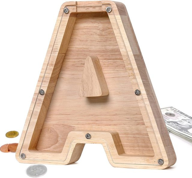 Leeseph Personalisiertes Sparschwein aus Holz in Buchstabenform, Farbe: Braun - Bild 1