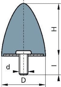 Parabelförmiger Gummi-Metall-Puffer Typ E von Elko in Blau, Durchmesser: 50 mm, Höhe: 67 mm, Gewinde: M10, Material: NR55 und Stahl - Bild 1