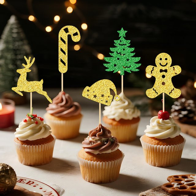 YOMDID 25 Stück Weihnachts-Cupcake-Topper aus Bambus in Gold, Grün und Multicolour mit Weihnachtsbaum, Weihnachtsmütze, Zuckerstange und Hirsch zur Kuchendekoration - Bild 1