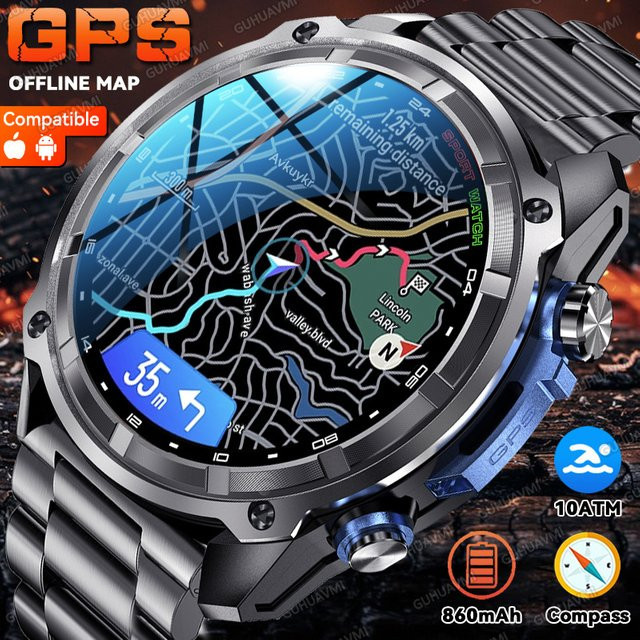 GUHUAVMI Smartwatch für Männer mit GPS Offline-Karten, Kompass, Bluetooth-Anruffunktion und 10ATM Wasserdichtigkeit, Schwarz - Bild 1