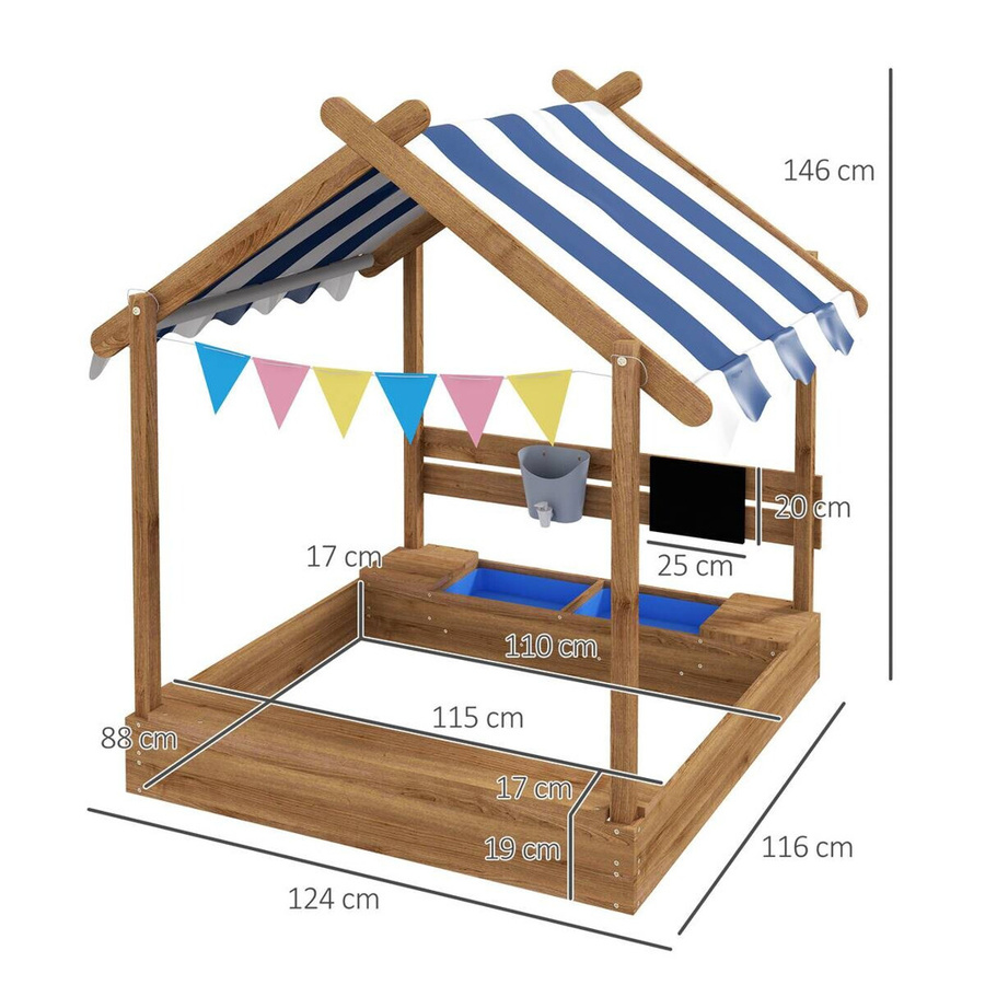 Outsunny Sandkasten aus Holz mit Dach, Sitzplatz und Tafel in Braun, B/T/H: 124 x 116 x 146 cm - Bild 3