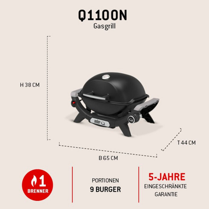 Weber Gasgrill Q 1100N, Schwarz, 1 Brenner, Grillfläche: B: 45 cm, T: 36 cm - Bild 2