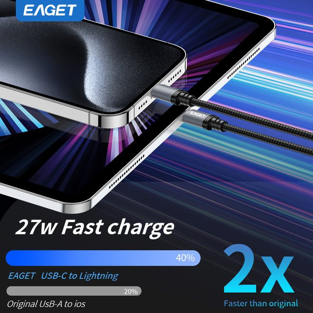 EAGET USB-C zu Lightning 27W Schnellladekabel in Schwarz mit Nylon-Ummantelung und verzinnter Kupferkern für iPhone und iPad - Bild 1