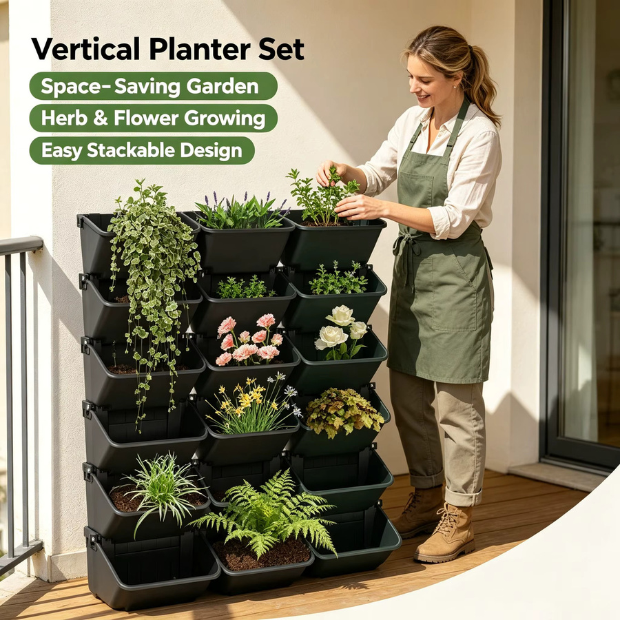 18-teiliger vertikaler Wandpflanzer mit Selbstbewässerung, modularer Pflanzsystem aus Kunststoff für Balkon und Garten, Schwarz oder Grün - Bild 8