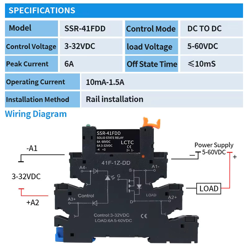 LCTC 10er Set Slim Solid State Relais SSR-41FDD/DA DC zu AC/DC 6A mit LED Schwarz - Bild 5