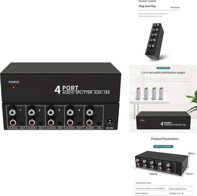 Chandelierlk Audio Splitter 1 auf 4 RCA L/R Aux Stereo Audio Distributor für PC und DVD Lautsprecher, Schwarz - Bild 1