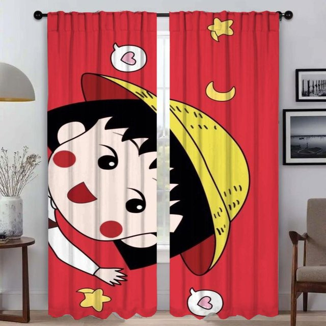 Chibi Maruko-chan Halloween Fenstervorhänge aus Tüll für Kinderzimmer und Schlafzimmer, 2 Paneele, Farbe: Rot, B: 50 cm, H: 70 cm - Bild 1